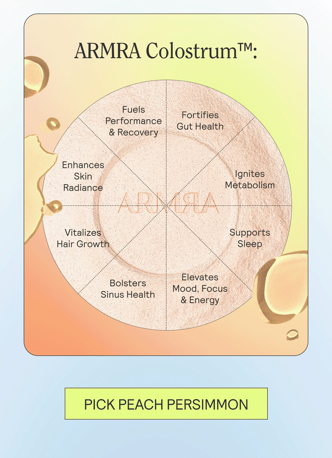 ARMRA Colostrum™:  Strengthens Immunity Fortifies Gut Health Ignites Metabolism Supports Sleep Elevates Mood, Focus & Energy Bolsters Sinus Health Vitalizes Hair Growth Enhances Skin Radiance Fuels Performance & Recovery